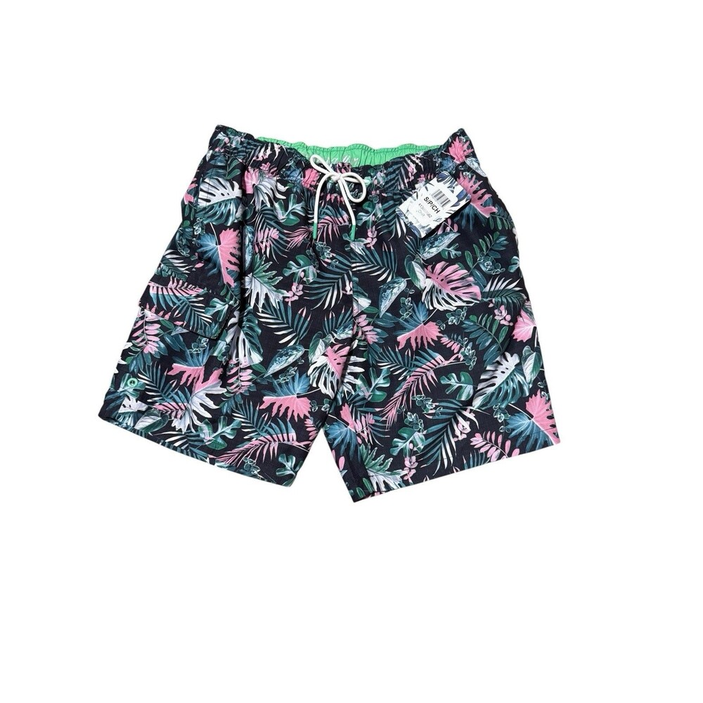 Havana Jim Tropical Print Black/Pink Floral Mens Swim Shorts Trunks Small NWT